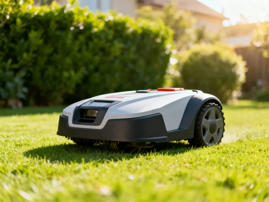 Nowoczesny robot koszący poruszający się po zadbanym trawniku w słonecznym ogrodzie.