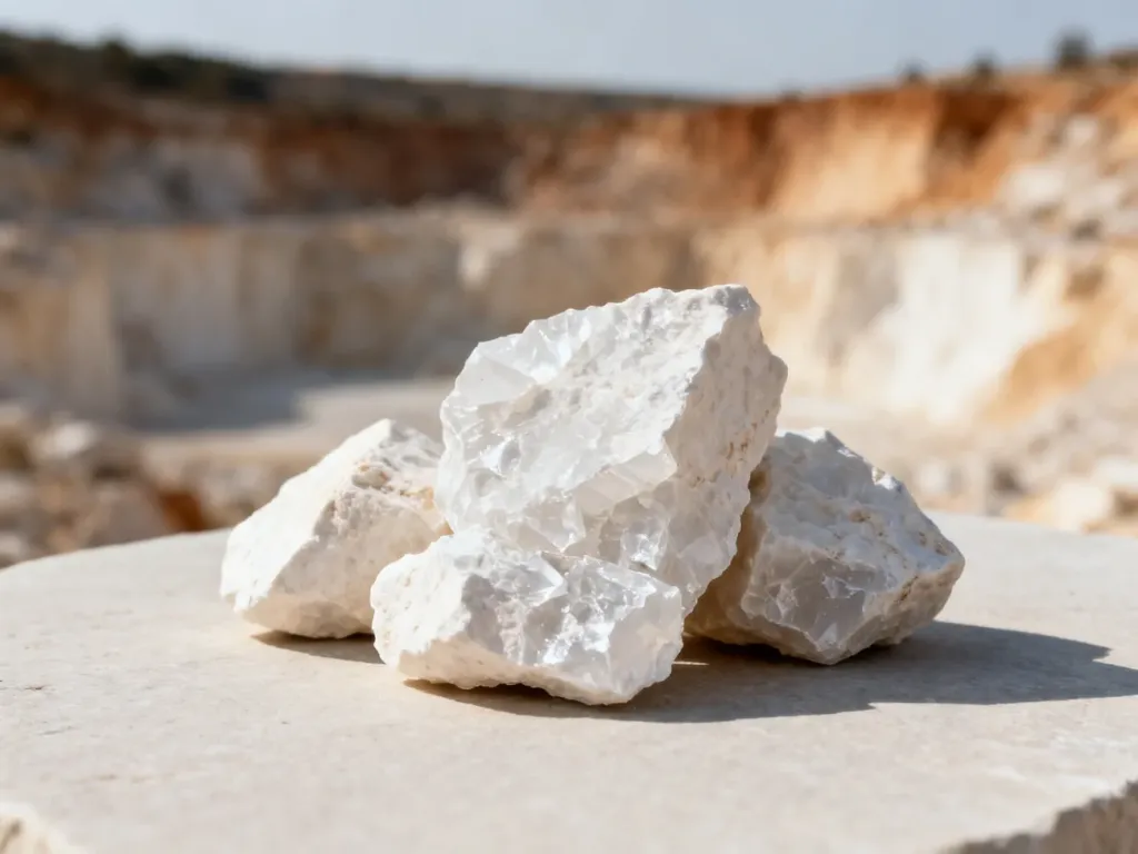 Surowe kryształy dolomitu na kamiennym podłożu w otoczeniu naturalnego krajobrazu kamieniołomu.